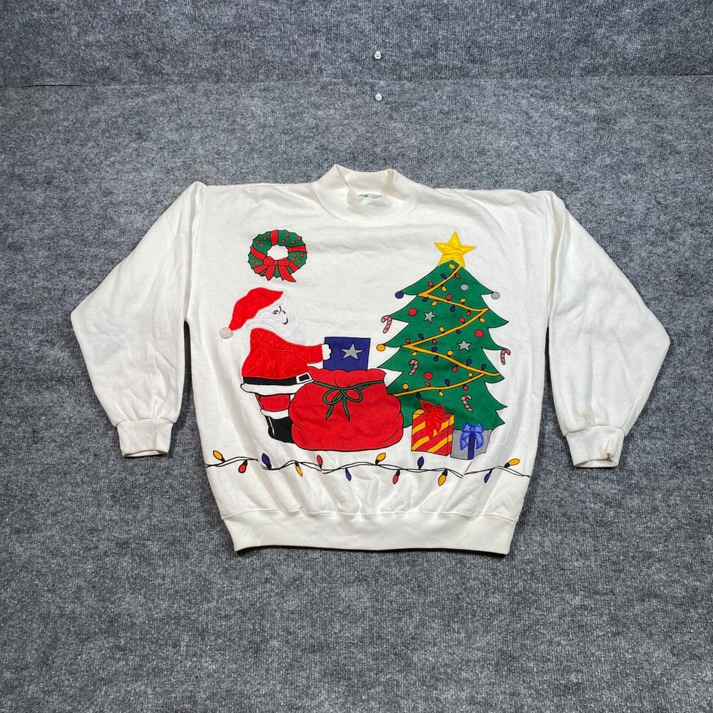 Vintage First Run Christmas Santa Tree Mock Neck Sweatshirt White Mens Large
